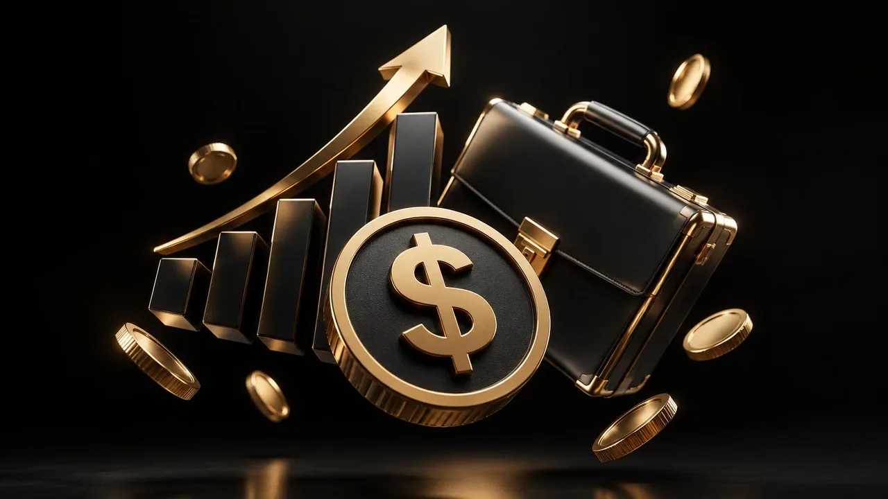 Gold 3D growth chart, dollar coin, and briefcase representing business funding