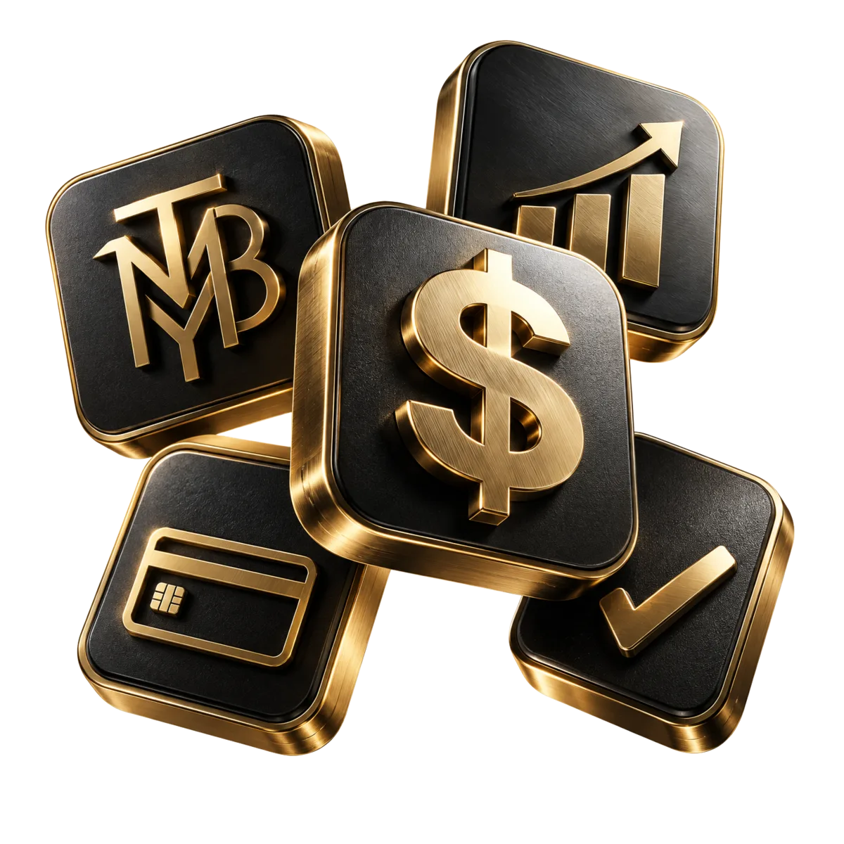 Gold 3D funding symbols, including a dollar sign and rising chart, on black