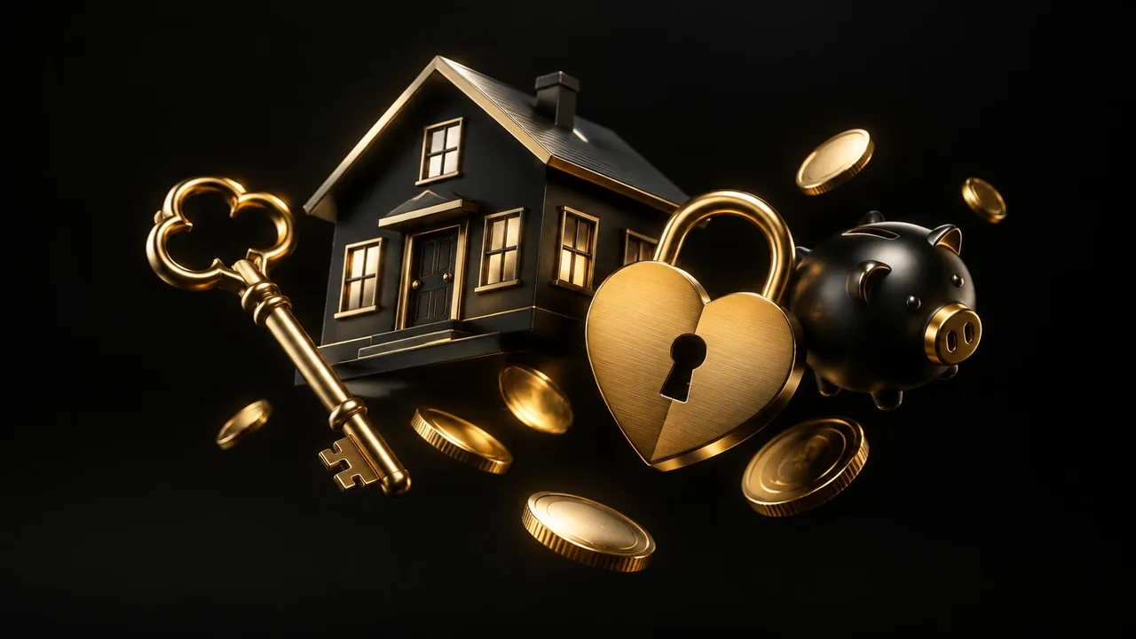 Gold 3D house, key, and piggy bank representing personal funding